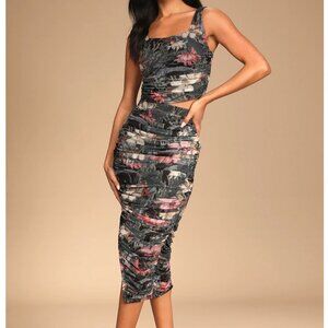 Lulus Always Blooming Black Floral Print Ruched Two-piece Midi Dress - Size XS